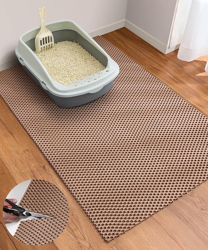 Cooyes Cat Litter Mat - Cut to Fit Any Place, 35"x23" Large Litter Trapping Mat for Litter Box, Easy to Clean, Waterproof & Non-Slip Kitty Pad, Scatter Control to Protect the Floor (Khaki)