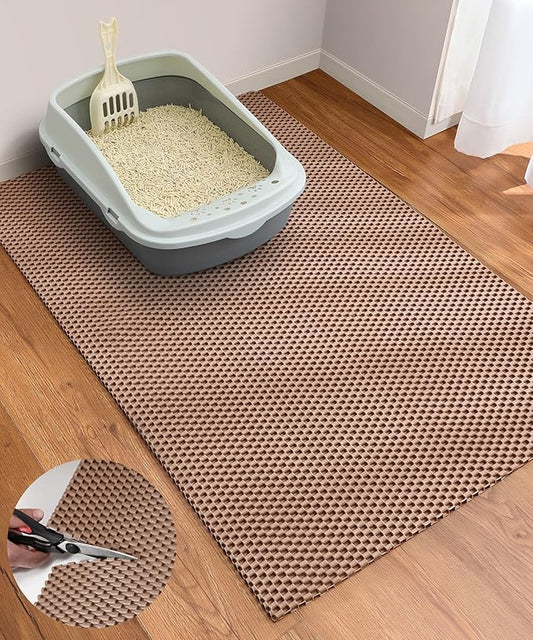 Cooyes Cat Litter Mat - Cut to Fit Any Place, 35"x23" Large Litter Trapping Mat for Litter Box, Easy to Clean, Waterproof & Non-Slip Kitty Pad, Scatter Control to Protect the Floor (Khaki)
