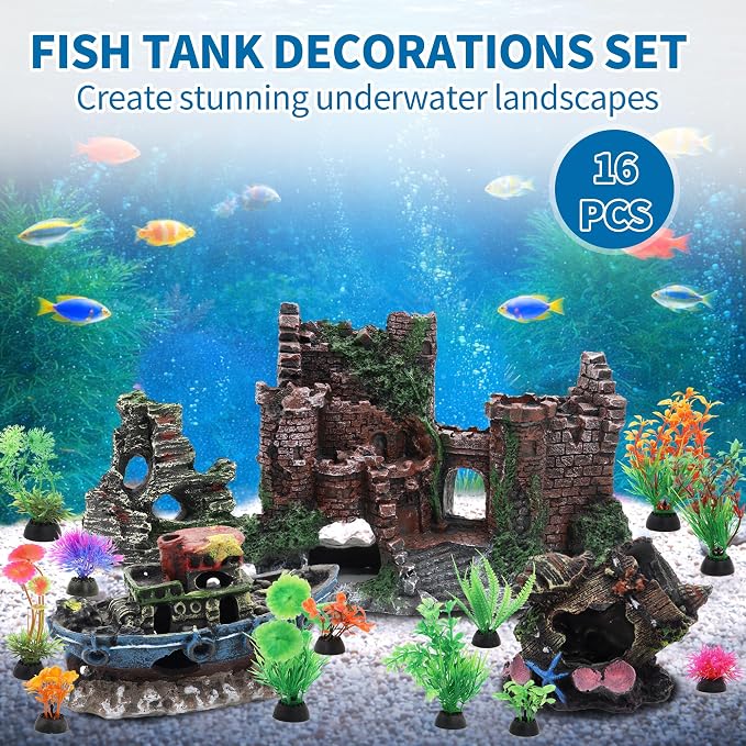 16 Pieces Large Fish Tank Decorations Kit Resin Aquarium Castle | Broken Barrel Hideout Rock Cave Fish Tank Decor Artificial Plastic Plant Ornaments Accessories