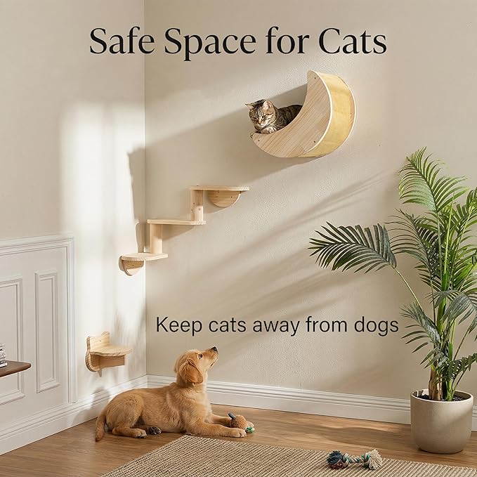 Cat Shelf for Wall Mount Hammock with 3-Levels Climbing Ladder and Shelves Moon Cats Wall Furniture for Activity Indoor Kitty (3-Levels Steps)