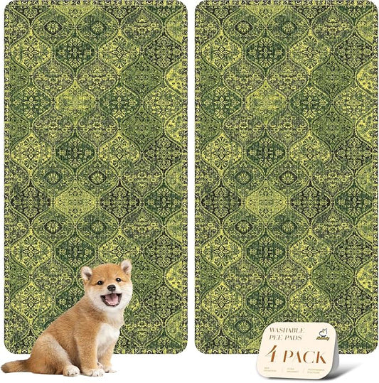 nunubaby 4PACK Washable Pee Pads for Dogs, Stylish, Non-Slip and Leak-Proof Pee Pads. Reusable Potty Pads for Dogs for Crates and Floors.(Green/Multi,24" x48" )