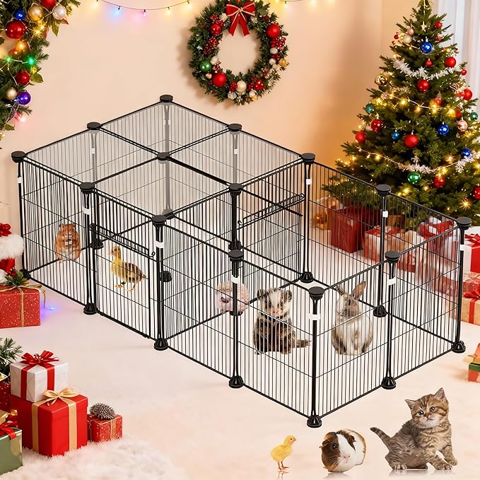 18 Panels Small Animal Playpen, Small Animal Cage with 2 Doors, Metal Wire Yard Fence for Rabbits, Guinea Pigs, Hamsters, Chicken, Hedgehogs, Indoor Outdoor Pet Cage C&C Cage Black