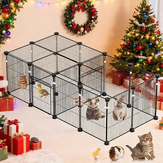 18 Panels Small Animal Playpen, Small Animal Cage with 2 Doors, Metal Wire Yard Fence for Rabbits, Guinea Pigs, Hamsters, Chicken, Hedgehogs, Indoor Outdoor Pet Cage C&C Cage Black