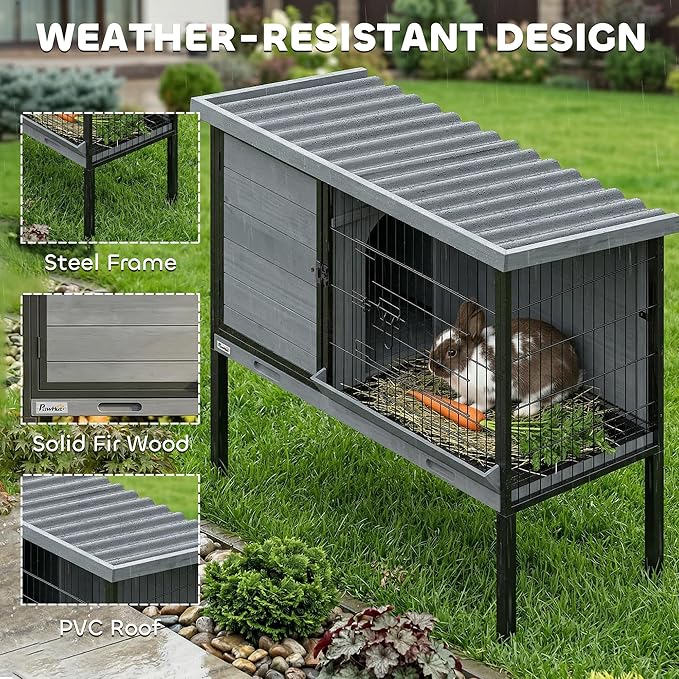 PawHut Elevated Rabbit Hutch Outdoor, Wooden Rabbit Cage Bunny House with Pull-Out Tray and Openable Plastic Roof for Indoor Outdoor, Light Gray