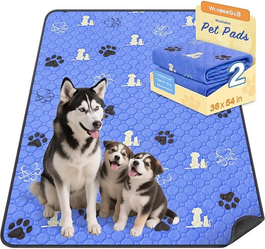 WanpeeGoo Washable Pee Pads, Puppy Pee Pad for Dogs, 2 Pack Absorbent Reusable Training Dog Pads Pet Puppy Pads, Non-Slip Potty Pads for Whelping, Playpen, Crate, Bed, Blue 36"x54"