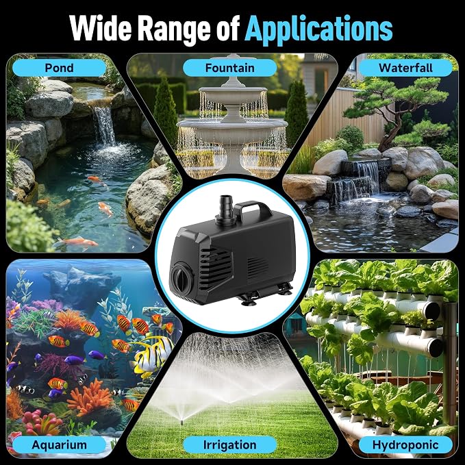 880GPH Submersible Water Pump, Water Fountain (85W 3200L/H) with 10.5FT High Lift Adjustable & 3 Nozzles & 16.4FT Cord, Ultra Quiet Aquarium Pump for Pond Fountain Waterfall Hydroponics-Q105