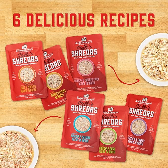 Stella & Chewy's Cage Free Chicken & Duck Shredrs - Premium Dog Food Pouches - Perfect For Picky Eaters- 24 Pack, 2.8oz Each