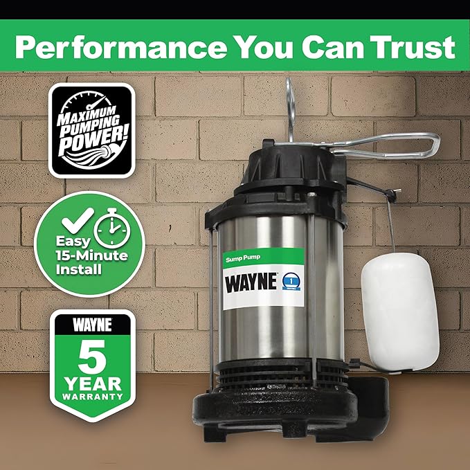 WAYNE CDU1000 1 HP Submersible Sump Pump – Cast Iron & Stainless Steel, Integrated Vertical Float Switch, 6,100 GPH, 5-Year Warranty, Assembled in USA