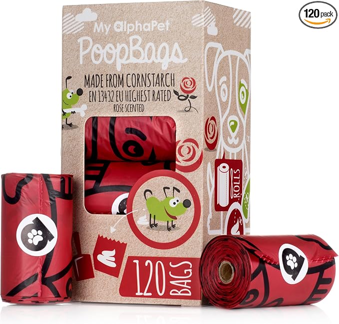 Compostable Dog Poop Bags, Cornstarch Eco-Friendly, HOME COMPOST NF T 51-800, 120 Count, Large Size Bag 9x13 Inches, 8 Unscented Refill Rolls, Leak-proof, Plantbased, GM-Free Corn (Red)