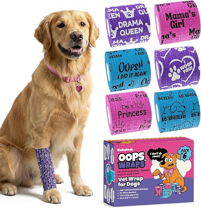Vet Wrap for Dogs – Funny Dog Bandage for Wounds – Girls 6 Pack 2" Self-Adhesive Vet Tape – Breathable Pet Wrap Bandage for Hot Spots & Injuries – Dog First Aid Kit Supplies – Oops Wraps by Rubyloo