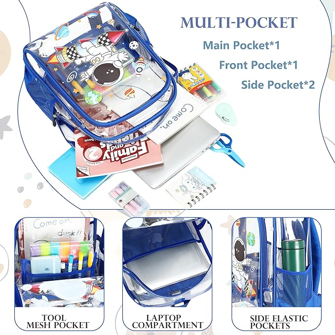 AO ALI VICTORY Clear Backpack for School,PVC Transparent Kids Bookbag for Girls Boys Cute Toddler Back Pack Kindergarten Elementary Schoolbag Stadium Approved See Through Backpacks,Blue Astronaut