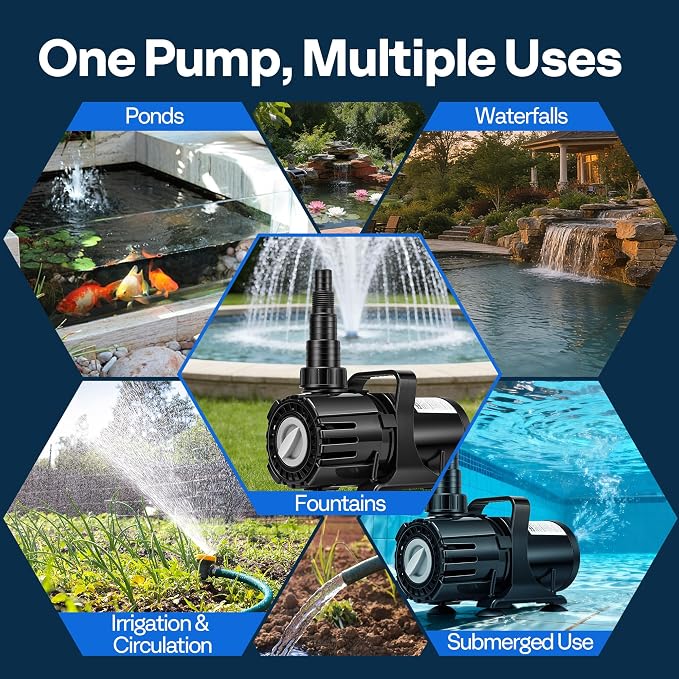 VIVOHOME 120W Pond Pump, 800-2100GPH Adjustable Flow Submersible Water Pump | Stepless Flow Control, 16ft Max Lift, 180° Seamless Adjustable Nozzle, Barrier Pump Bag, 20ft Power Cord