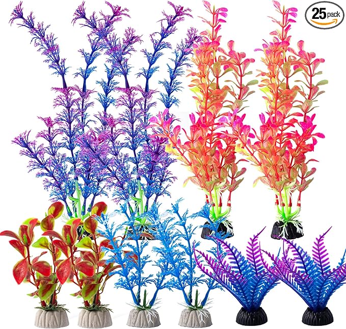 25 Pack Artificial Aquarium Plants, Plastic Small Fish Tank Plants | Small Size 4 inch Approximate Height Fish Tank Decorations Home Décor Plastic Blue