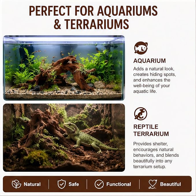Natural Aquarium Driftwood, 7 to 11 Inch Pieces, 3 Pack, Fish Tank Decor and Aquascaping Wood for Freshwater Aquariums, Reptile Terrarium and Air Plant Display