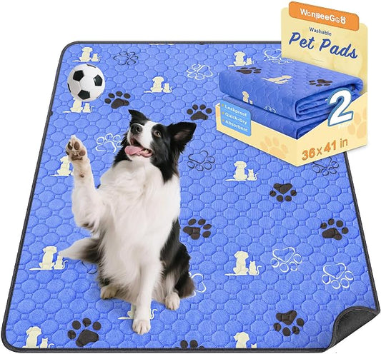 WanpeeGoo Washable Pee Pads for Dogs, 2 Pack Absorbent Reusable Training Dog Pads Pet Puppy Pads, Non-Slip Potty Pads for Whelping, Playpen, Crate, Bed, Blue 36"x41"