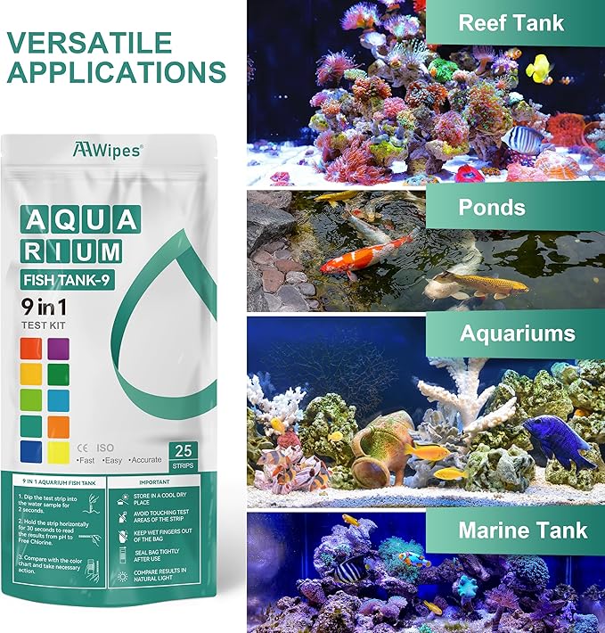 AAwipes Fish Tank Marine Water Test Strips 9-in-1 |25 Strips | Freshwater, Saltwater & Reef Tanks Quick & Accurate Test pH, Carbonate, Copper, Alkalinity, Hardness, Chlorine, Nitrate, Nitrite, etc