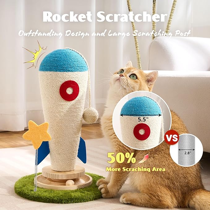 Cat Scratching Post, Rocket Cute Sisal Cat Scratcher with Durable Solid Wood Turntable Toy, Cat Scratch Post Red Cat Scratcher with Spinning Star Toy for Indoor Adult Cats