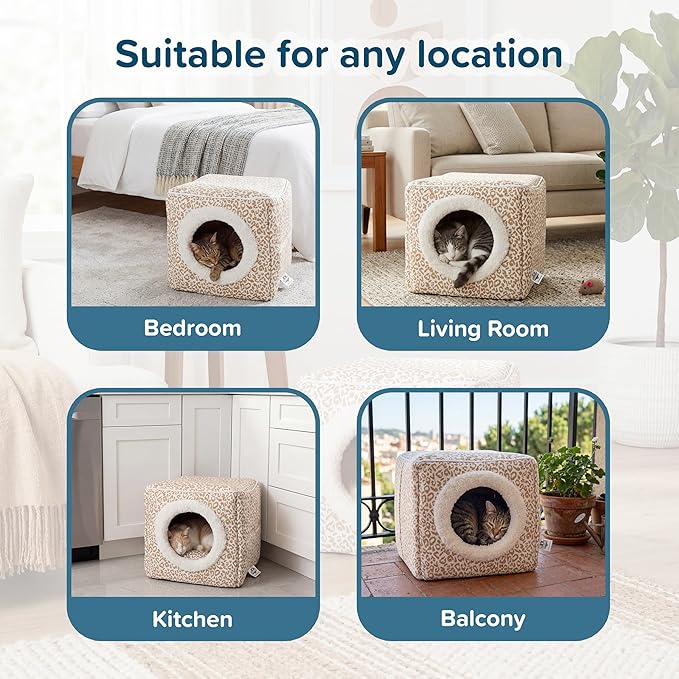 Cat Pet Bed Cave- Indoor Enclosed Covered Cavern/House for Cats Kittens and Small Pets with Removable Cushion Pad by PETMAKER, Tan/White Animal Print 13x12x12