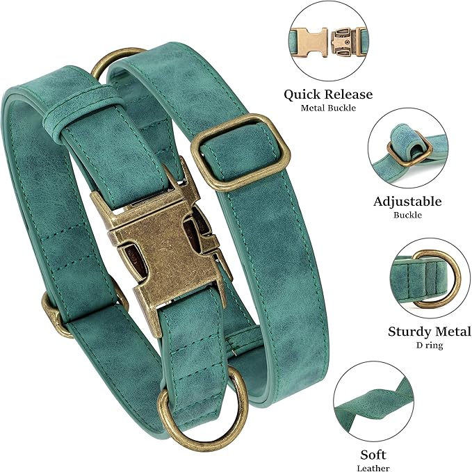 Didog Soft PU Leather Dog Collar, Stylish Quick Released Dog Collar for Large Dogs, Easy Clean Adjustable Pet Collar for Daily Walking, Green, L Fit 16-22" Neck