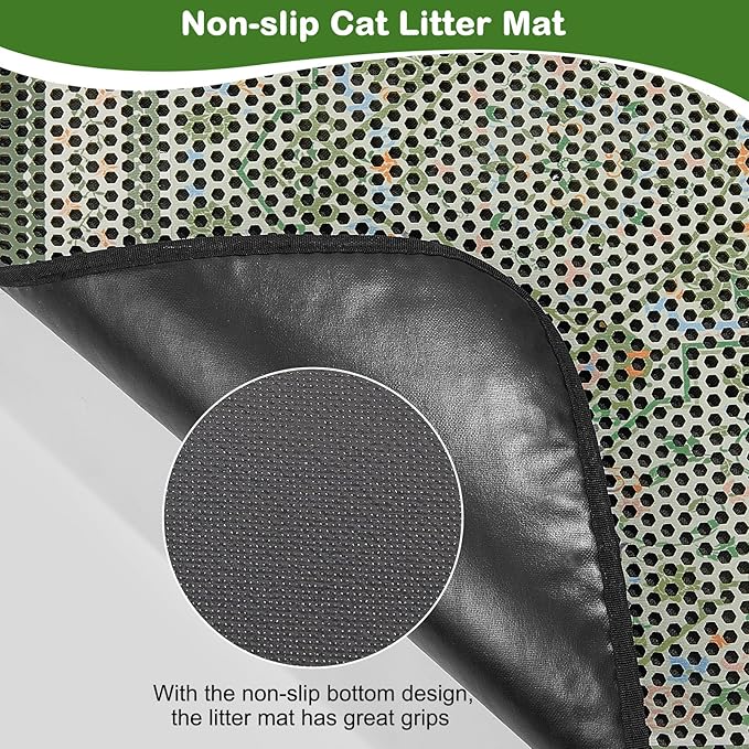 Bienbee Cat Litter Mat, 30"x24" Litter Mat Double Layer Litter Trapping Mat, Reduces Tracking and Keeps Floors Clean,Bean-Green Retro Floral L