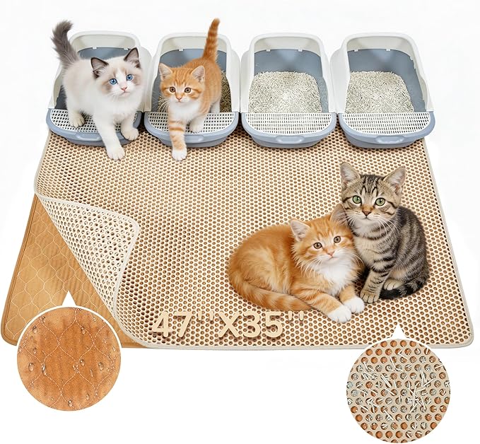 BurgeonNest Cat Litter Mat 47"x35", Machine Washable Leak-Proof & Urine-Resistant Cat Mat, Soft Felt Fabric for Fewer Creases, Non-Slip Double Layer Design for 3-4 Litter Boxes, Khaki