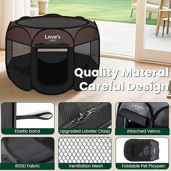 Love's cabin Pet Puppy Dog Playpen, Small Dog Tent Crates Cage Indoor/Outdoor, Portable Playpen for Cat, Foldable Pop Up Dog Kennel Playpen with Carring Case, Removable Zipper Top, Brown