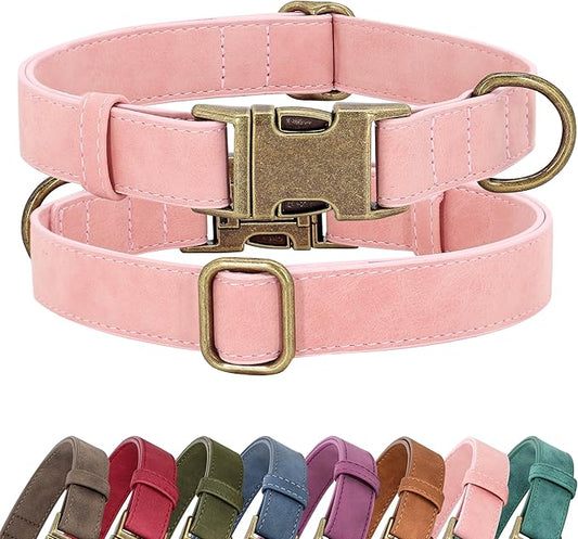 Didog Soft PU Leather Dog Collar, Stylish Quick Released Dog Collars for Small Dogs, Easy Clean Adjustable Pet Collar for Daily Walking, Pink, S Fit 10-15" Neck