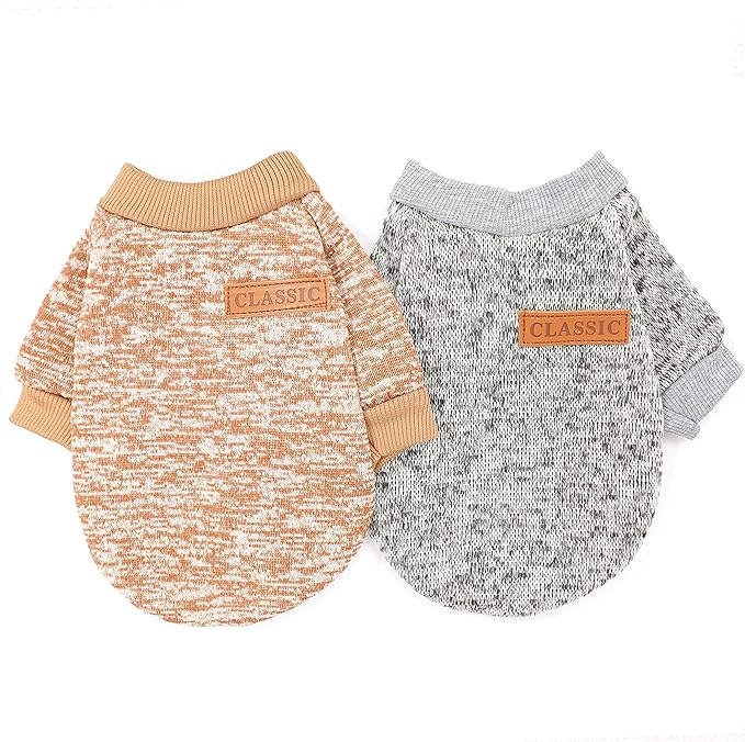 XL Dog Sweaters, 2 Pieces Fall Dog Sweater Small Medium Dog Clothes Male Female Winter Fleece Puppy Sweater Warm Pet Outfit for Bulldog, Dachshund, Pug, Chihuahua, Gery+Brown