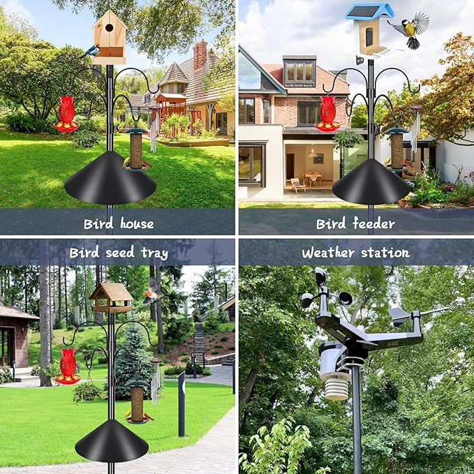Gtongoko Smart Bird Feeder Pole Squirrel Proof 1-Inch Dia 94 Inch with 4 Shepherds Hooks Hanging Bluebird House Pole for Outdoors Squirrel Baffles for Feeders Metal Heavy Duty Mounting Kit