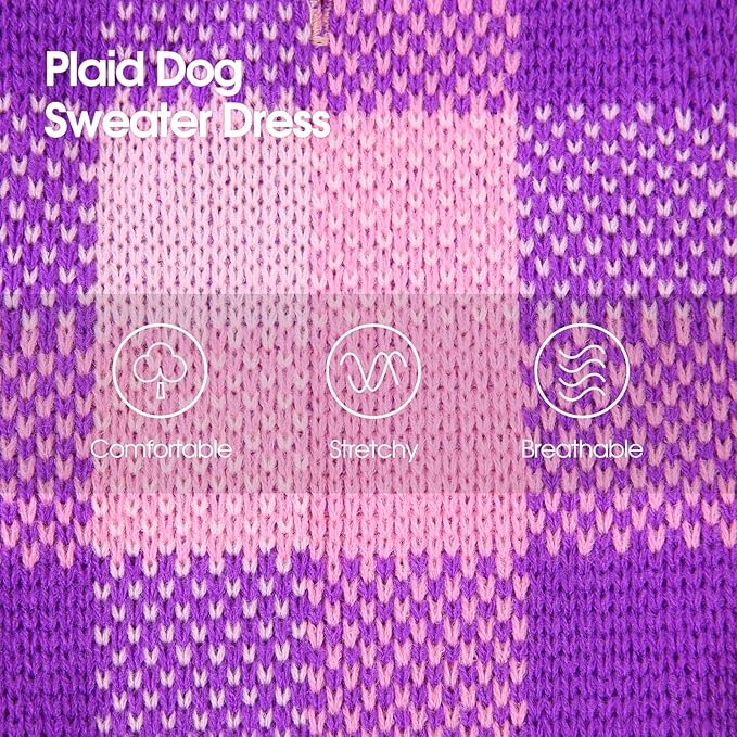 Dog Sweater Dress Plaid Knitwear for Small Medium Dogs Warm Puppy Pet Turtleneck Stretch Pullover Cute Fall Winter Vest Clothes with Leash Hole for Christmas (Purple, 2XS)