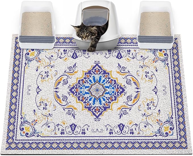 Glittme Cat Litter Mat with Non-Slip Bottom Litter Box Mat 47"X35" Litter Trapping Mat Easy to Clean Washable Cat Food Mat for Kitty,XXL