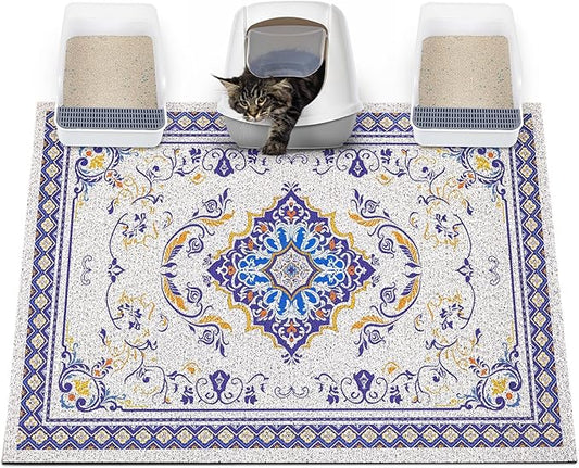 Glittme Cat Litter Mat with Non-Slip Bottom Litter Box Mat 47"X35" Litter Trapping Mat Easy to Clean Washable Cat Food Mat for Kitty,XXL