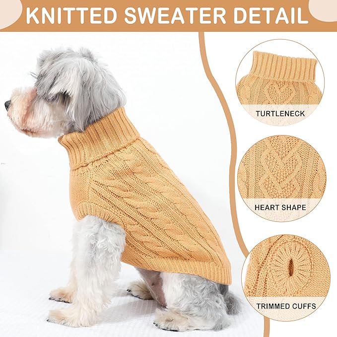 Dog Sweaters Small Dog Clothes for Winter Solid Knitted Puppy Sweater Warm Pet Cat Sweater Doggy Pullover Outfit with Heart-Shape Design(Light Brown, X-Small)