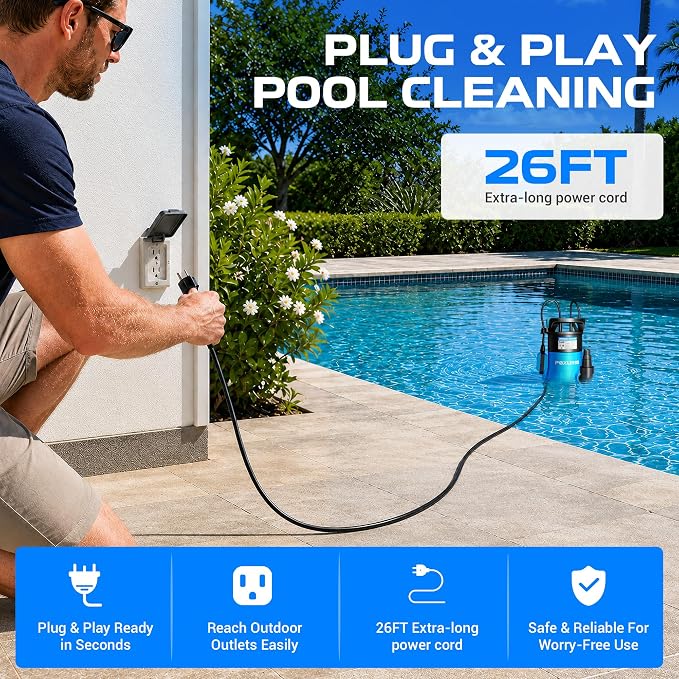 1HP Submersible Sump Pump, 5300GPH High Flow Dirty Clean Submersible Water Pump with Automatic Float Switch, 26FT Long Cord for Swimming Pool, Flooded Basement, Rooftop, Garden Water Removal