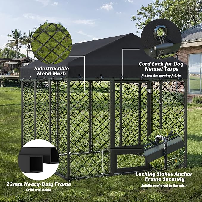 6x6FT Dog Kennel Outdoor with Roof - Heavy Duty Metal Fence Playpen for Large Dogs, Weatherproof Enclosure with Double Lock Gate & Feeding Swivel Door
