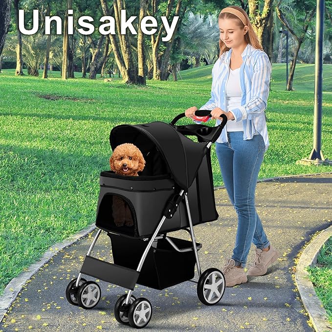 Unisakey 4 Wheels Pet Stroller for Small Medium Dogs Cats 10-33 lbs, Foldable Dog and Cat Stroller with Cup Holder & Storage Basket & Breathable Mesh, Pet Strolling Cart for All-Season, Black