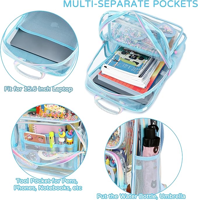 Clear Backpack for Girls,Clear Bookbag Heavy Duty Transparent Backpacks for Stadium Events, See Through Back Pack for Kindergarten Elementary Middle High School (Blue)