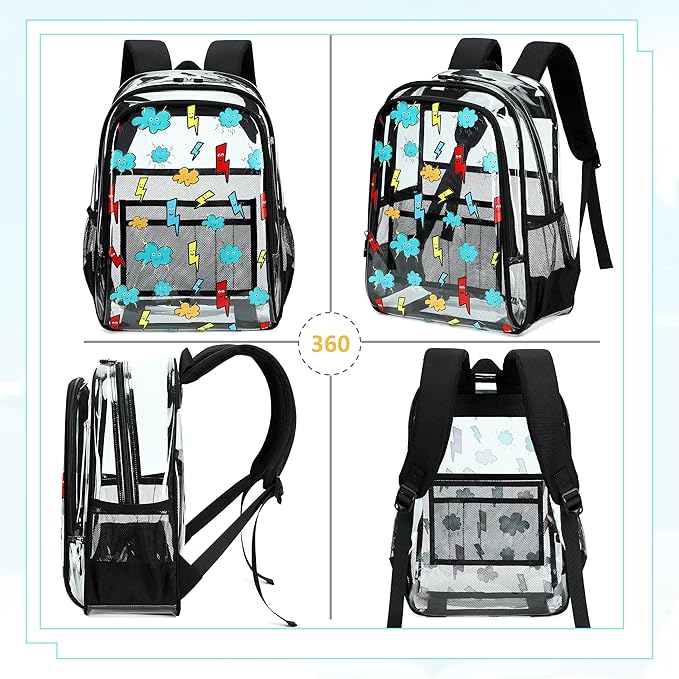 AO ALI VICTORY Clear Backpack for School,PVC Transparent Kids Bookbag for Girls Boys Cute Toddler Back Pack Kindergarten Elementary Schoolbag Stadium Approved See Through Backpacks,Black Lightning