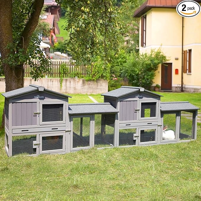 Aivituvin Rabbit Hutch Indoor Bunny Cage Outdoor House with Deeper Leakproof Plastic Tray (Grey02-Two Sets)