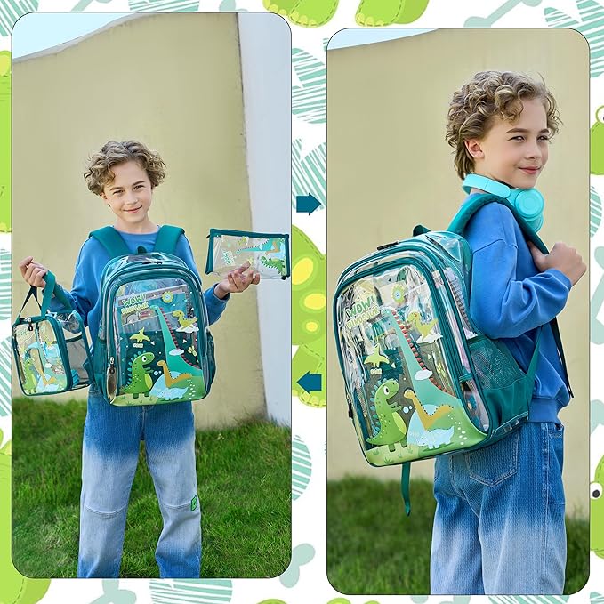 AO ALI VICTORY Clear Backpack for Boys Girls,15.6 Inch Kids Clear Backpack Set with Lunch Bag Pencil Case PVC Elementary Bookbag School Student See Through Transparent Travel Back Pack,Green Dinosaur