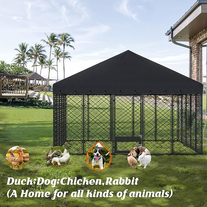 10x10FT Dog Kennel Outdoor with Roof - Heavy Duty Metal Fence Playpen for Large Dogs, Weatherproof Enclosure with Double Lock Gate & Feeding Swivel Door