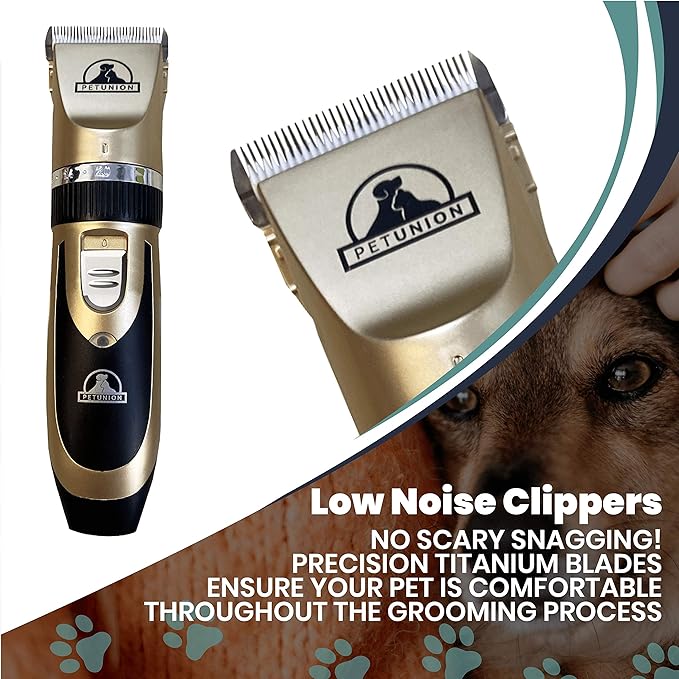 Pet Union Professional Dog Grooming Kit - Rechargeable, Cordless Pet Grooming Clippers & Complete Set of Dog Grooming Tools. Low Noise & Suitable for Dogs, Cats and Other Pets (Gold)