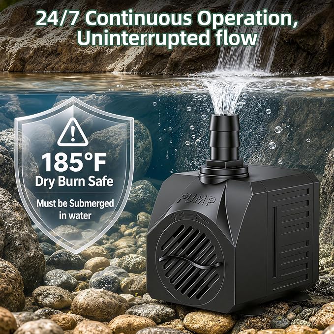 Reliable Waterfall Fountain Pump：Run 24/7 for Stable Circulation | 30W 550GPH 7.2ft Adjustable for 2-5ft 2-4 Tier Fountain & 185℉ Dry Burn Safe - 20dB Ultra Quiet Only Natural Water Sound