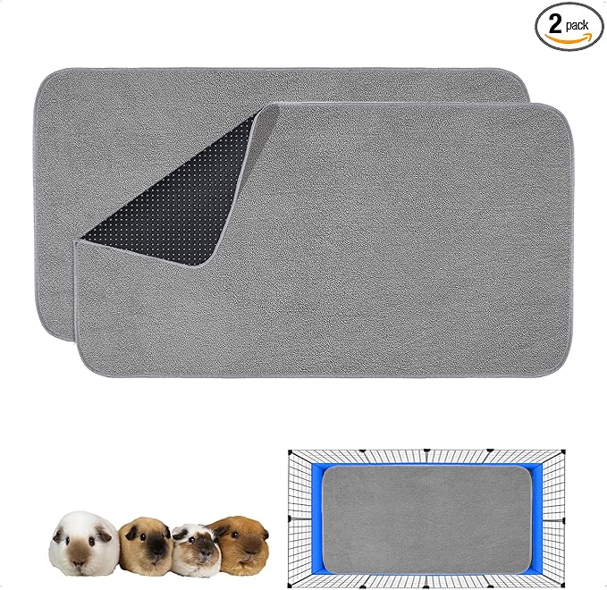 Guinea Pig Cage Liner, 2 Pack - Washable, Reusable, Leakproof Fleece Bedding Pads for Small Animals with Anti-Slip Bottom - for C&C 2X4 Area, Gray