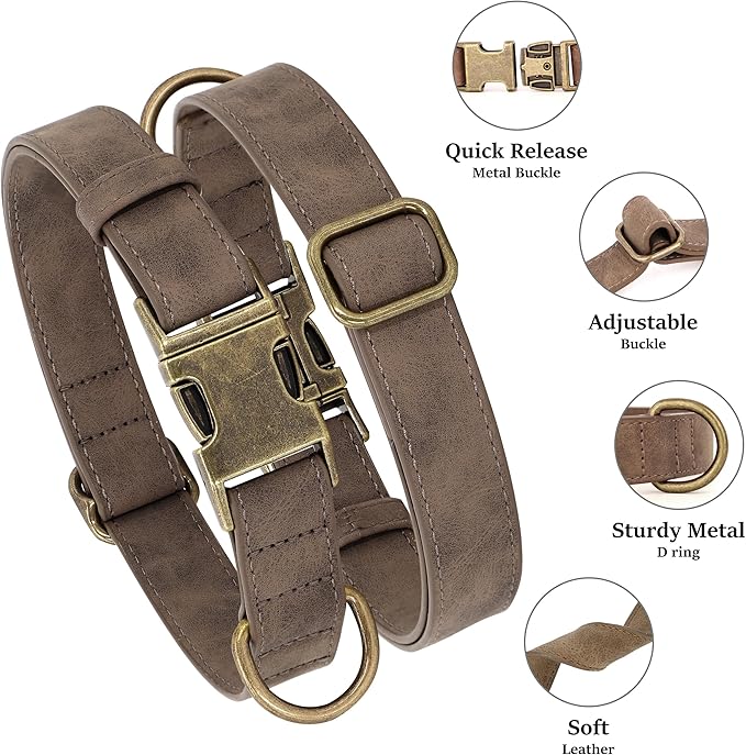 Didog Soft PU Leather Dog Collar, Stylish Quick Released Dog Collar for Large Dogs, Easy Clean Adjustable Pet Collar for Daily Walking, Brown, XL Fit 20-26" Neck