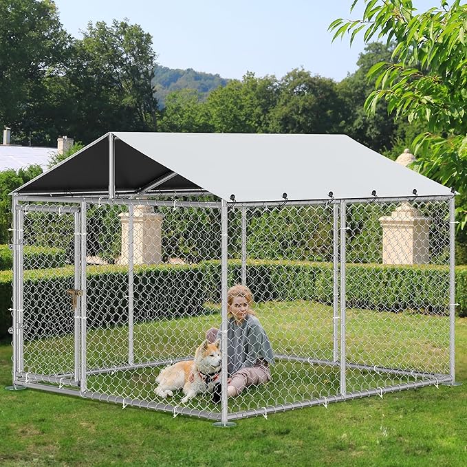 YITAHOME Outdoor Dog Enclosure with Metal Dog Gate, 7.5'x7.5' Dog Kennel Outside with Roof, Dog Fence Outdoor for Yard