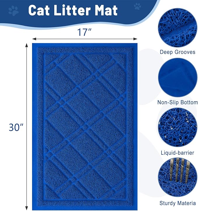 Smiry Cat Litter Box Mat 30x17, Non-Slip Water Resistant Litter Trapping Mat, Easy Clean Less Waste and Urine-Locking Cat Carpet for Indoor, Blue