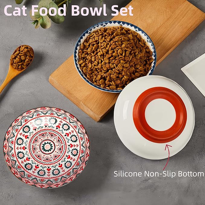 Whisker Fatigue Cat Bowls, Non-Slip Ceramic Cat Food Bowl, Shallow Wide Cats Dishes Whisker Friendly, 3-Pack, 8oz, Boho Pattern, Dishwasher & Microwave Safe