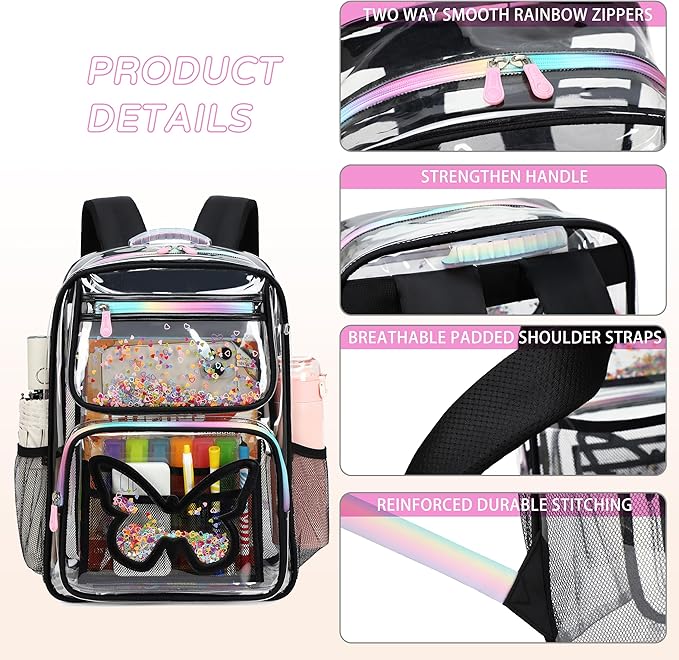 Clear Backpack for School,Large Bookbag Heavy Duty See Through Butterfly Backpacks for Girls Stadium Approved Daypack Transparent Shoulder Bags for Students,Teens,Women,Work,Travel,Concert Black