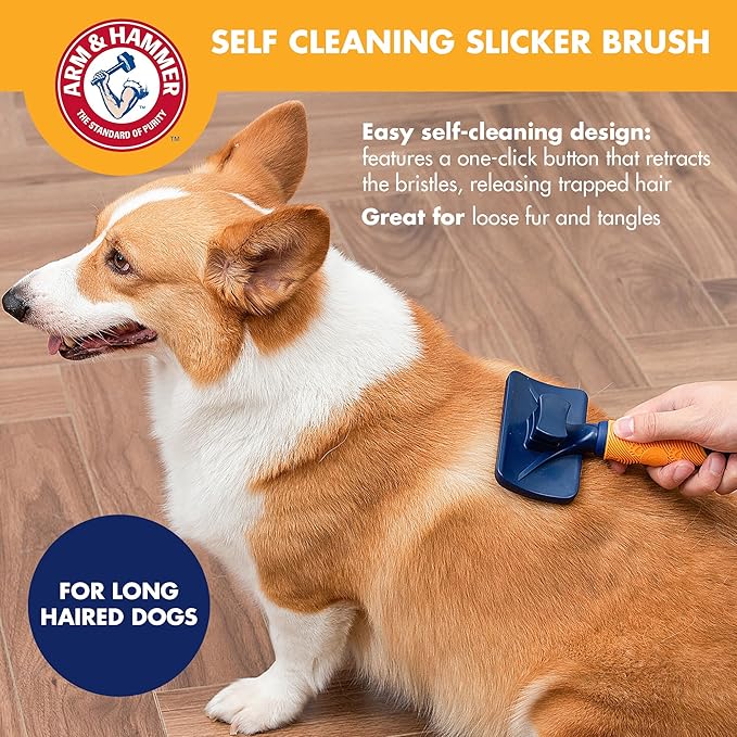 Arm & Hammer Deodorizing Slicker Brush for Dogs, Fragrance Transfer Technology with Baking Soda, Self-Cleaning Button, Removes Loose Fur & Tangles, Dog Grooming Brush, Sweet Apple & Rose Scent